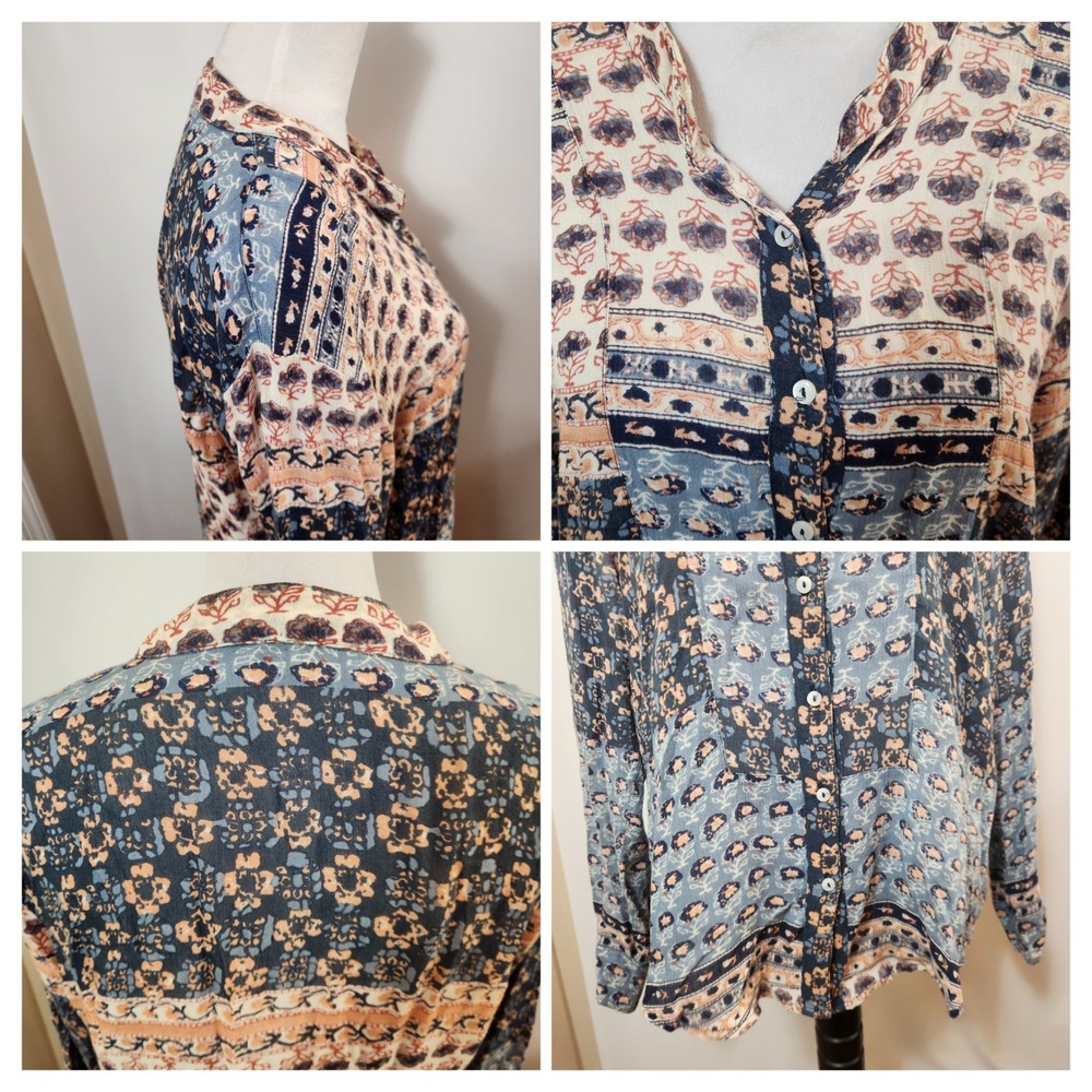 Free People Boho Patchwork Print Button Down Blou… - image 5